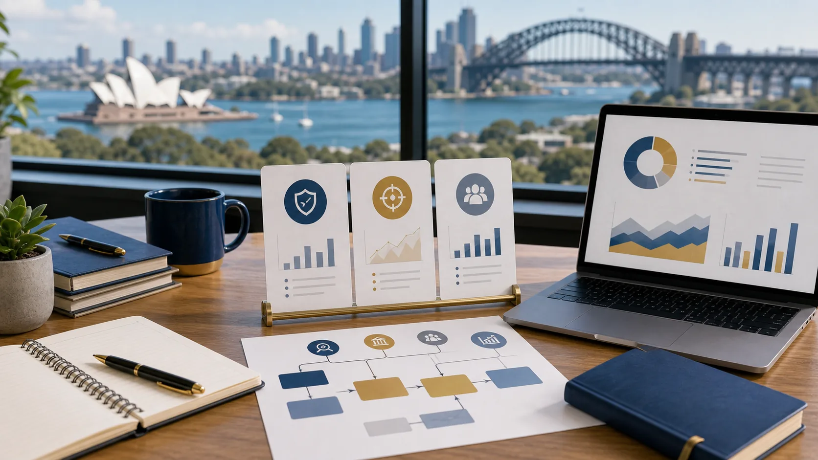 Australian finance study workspace with abstract risk certification pathways and planning materials.
