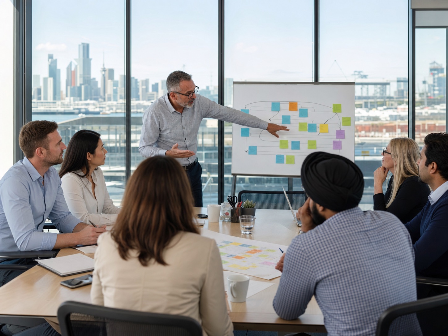 Procurement and supply professionals in a live Australia training workshop with Melbourne, Sydney, Brisbane, Perth and nationwide in the background