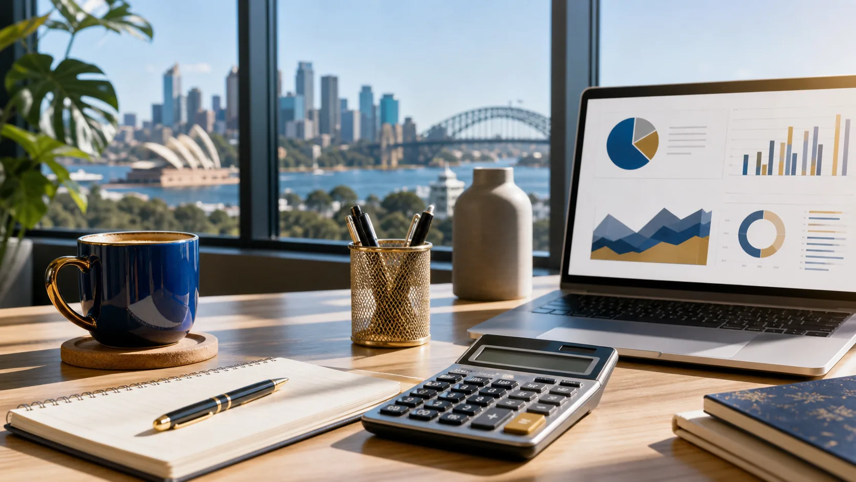 Australian finance desk with calculator and charts for planning FRM certification costs in local currency.