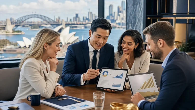 Australian finance professionals planning FRM course fees and certification budget in a bright Sydney office.