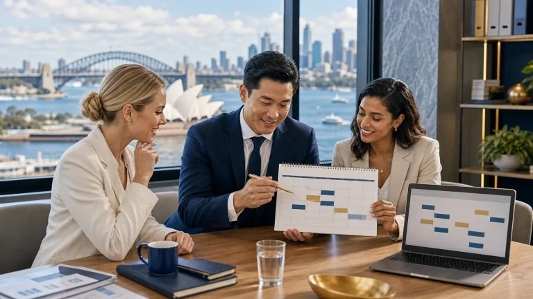 Australian finance professionals planning FRM exam dates for 2026 in a bright Sydney office.