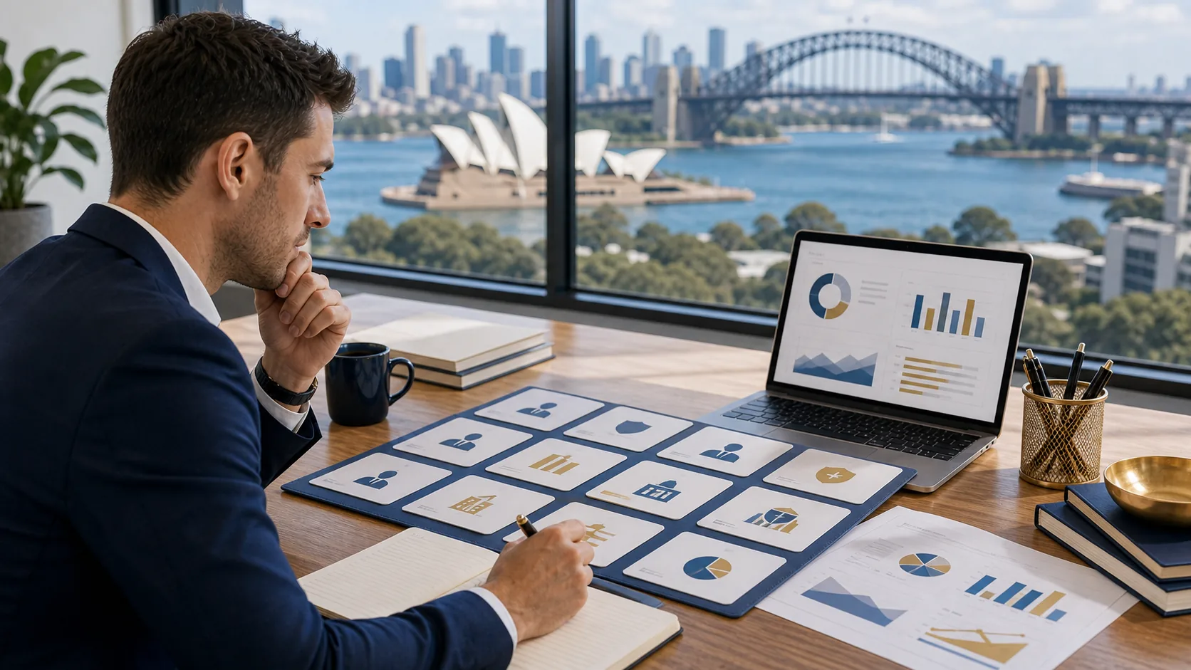 Australian finance professional planning FRM job search and risk career pathways in a bright workspace.