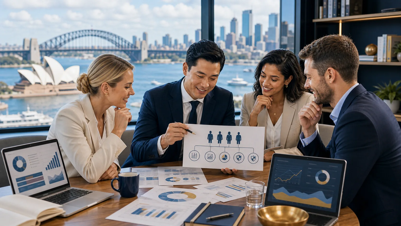 Australian finance and risk professionals reviewing FRM job pathways in a bright Sydney office.