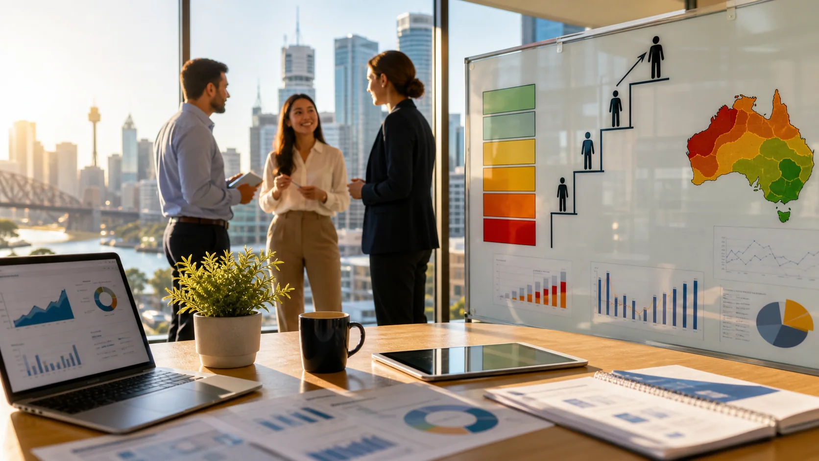 Australian finance professionals reviewing salary bands and FRM-related risk career pathways in a bright office.