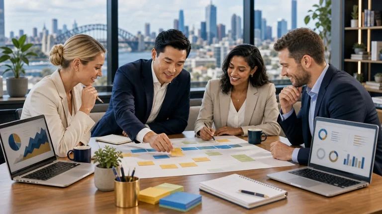 Australian finance professionals building an FRM study plan in a bright training workspace.