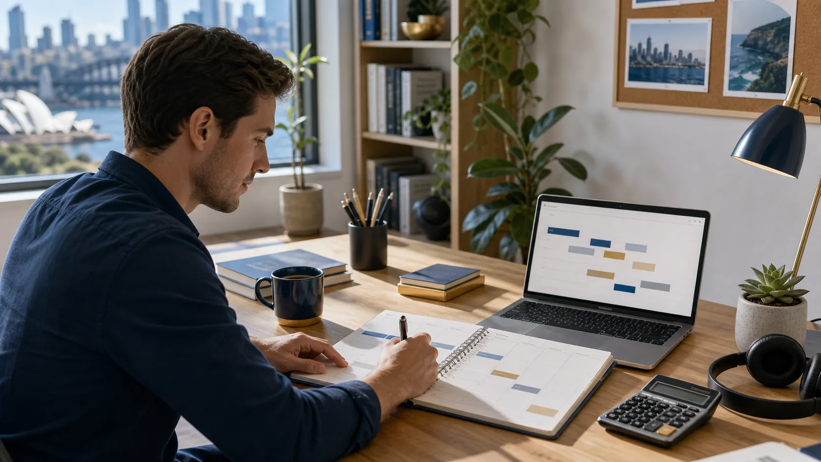 Australian working professional planning weekly FRM study around work in a bright home office.