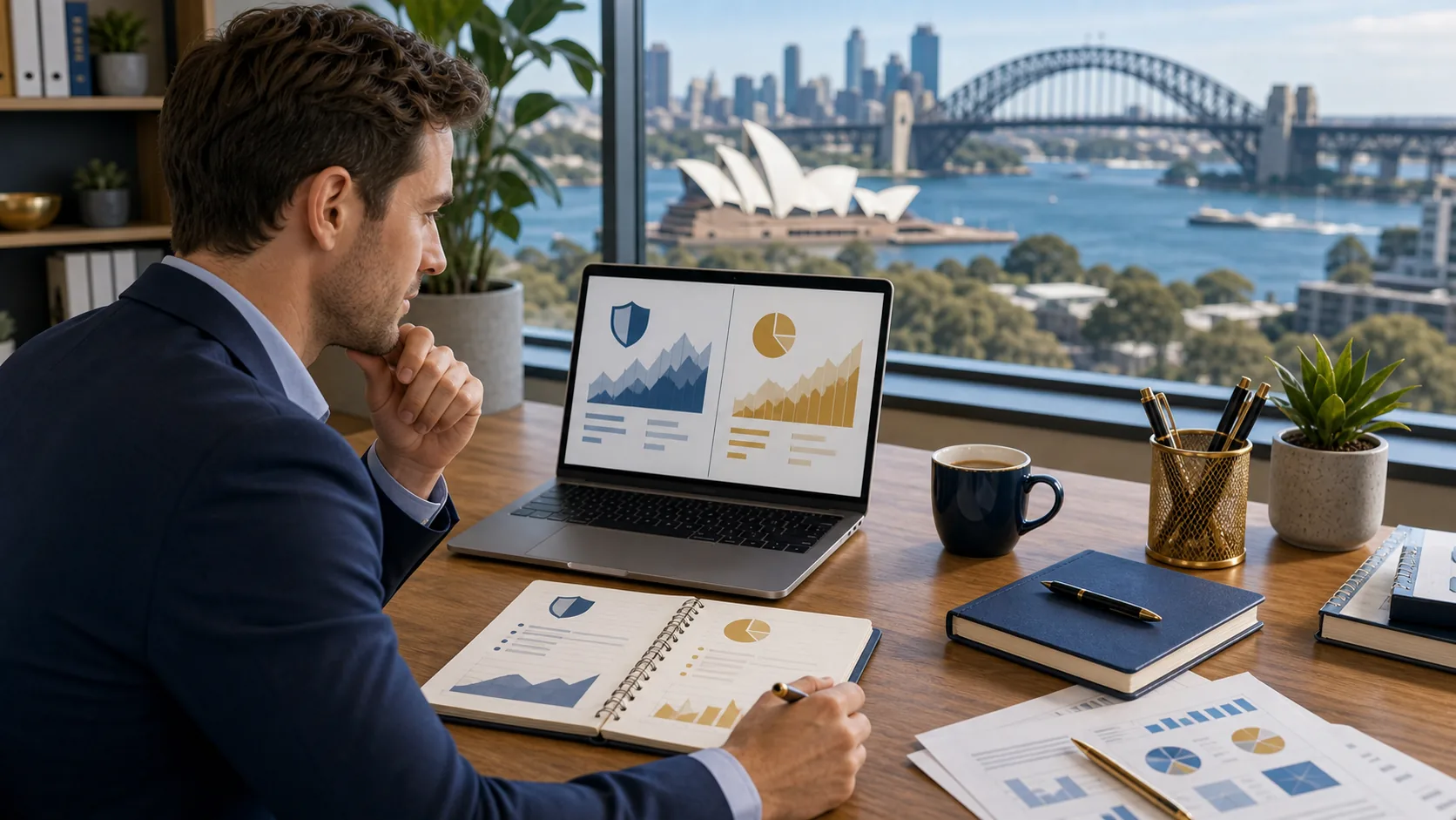 Australian finance professional comparing FRM and CFA career paths in a bright workspace.