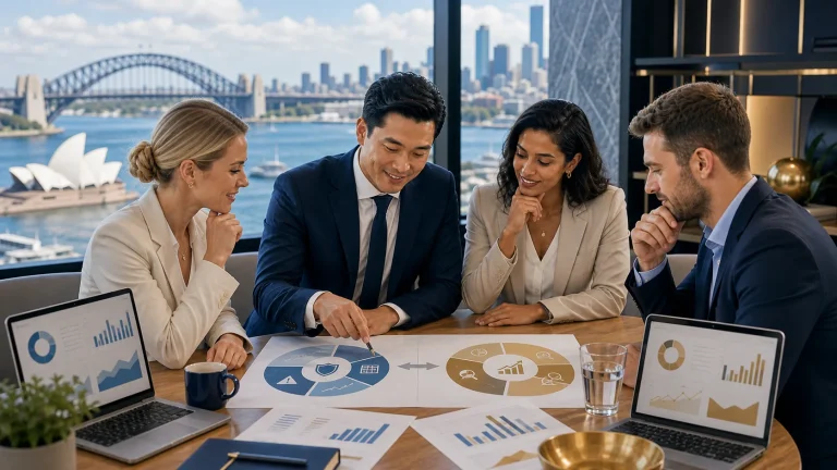 Australian finance professionals comparing FRM and CFA career pathways in a bright Sydney office.
