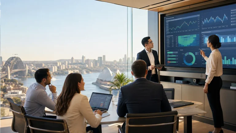 Financial risk professionals in a bright Sydney office reviewing market and credit risk dashboards.