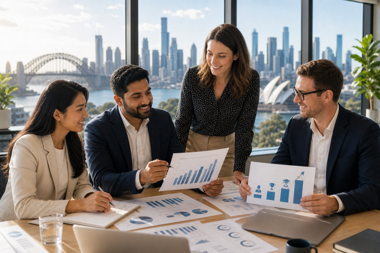 Australian internal audit professionals reviewing salary benchmarks and career growth charts in a bright office.