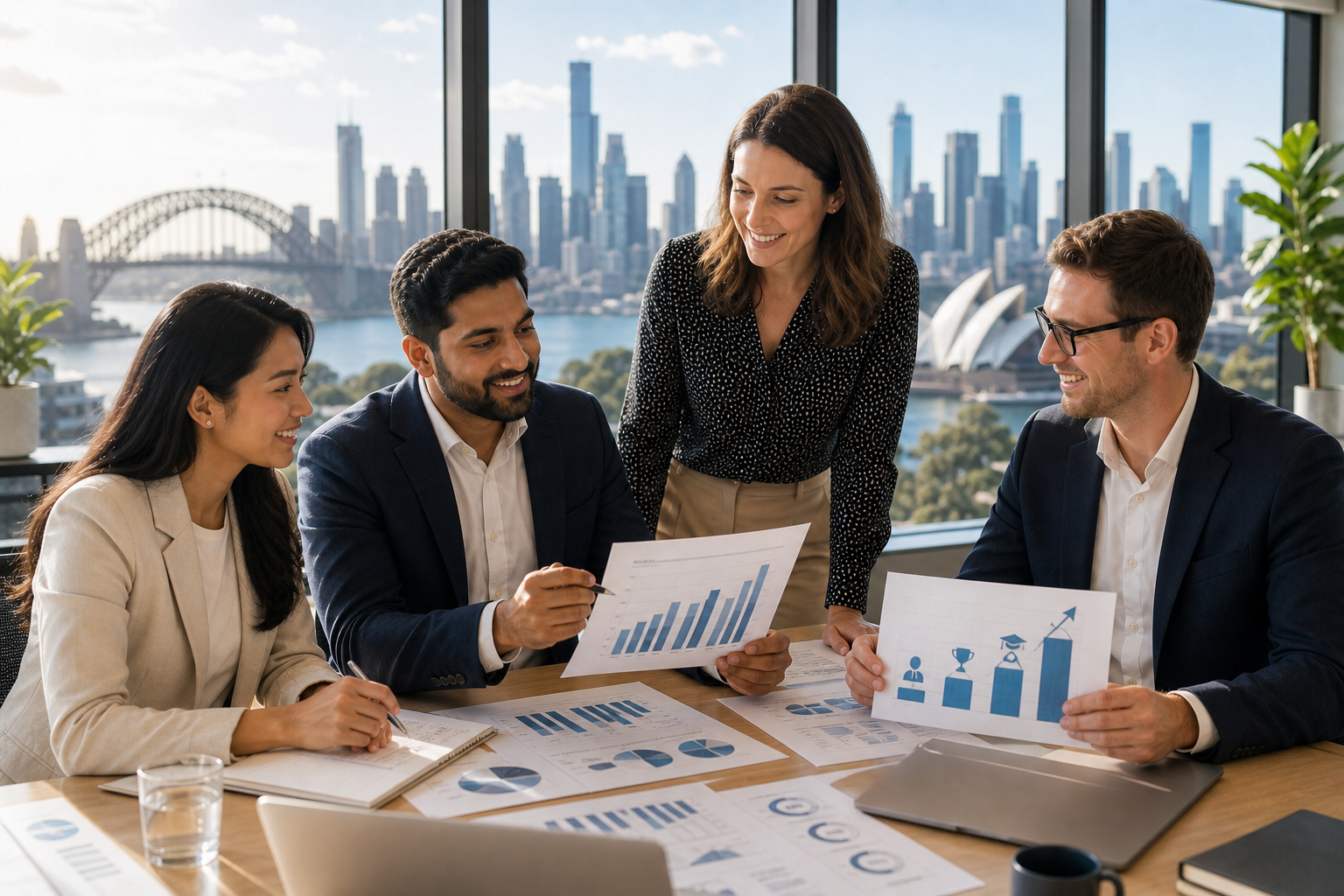 Australian internal audit professionals reviewing salary benchmarks and career planning data in a bright daytime office.
