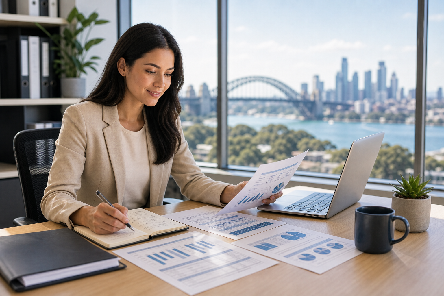 Australian professional reviewing internal auditor salary benchmarks, city comparisons, and career planning notes at a bright office desk.