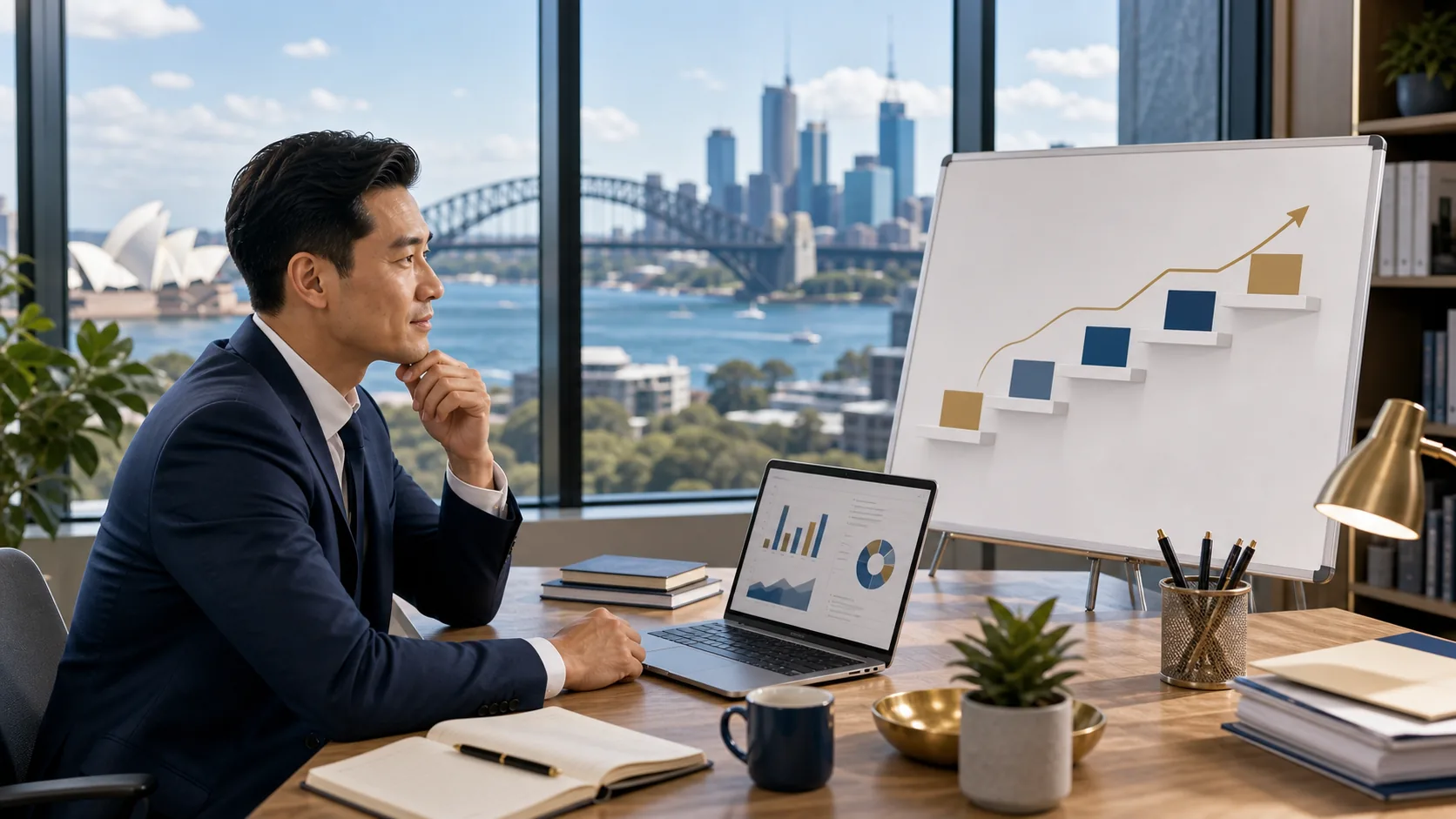 Australian risk professional reviewing finance career pathways and FRM certification value in a bright workspace.