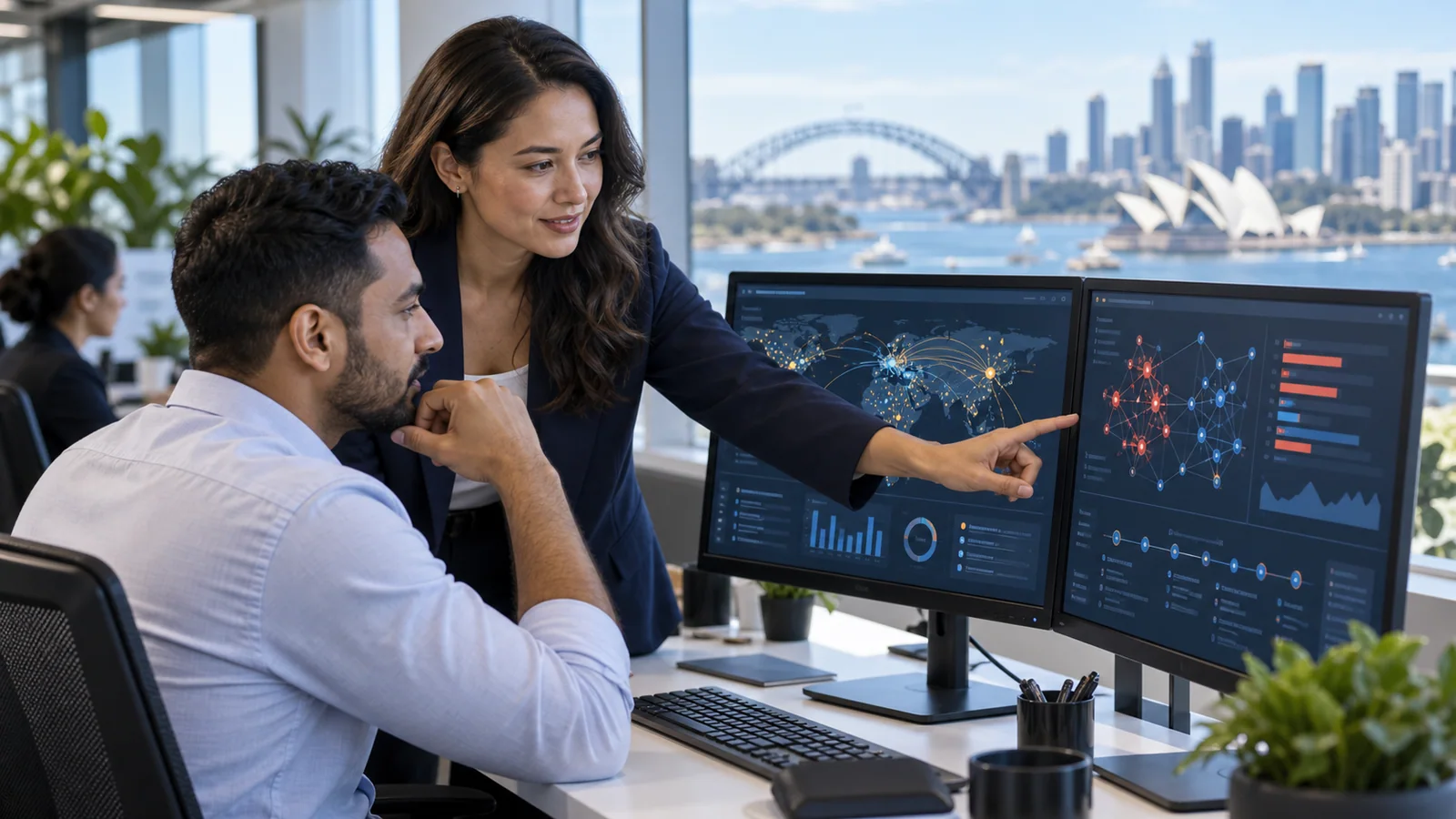 Financial crime analysts reviewing transaction monitoring alerts in Sydney