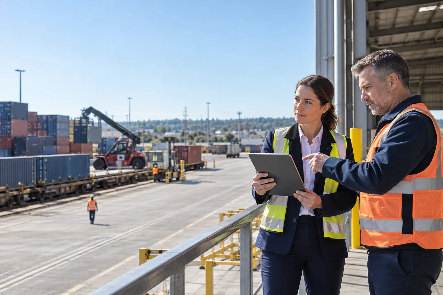 Procurement professionals discussing supplier performance at an Australian logistics operation