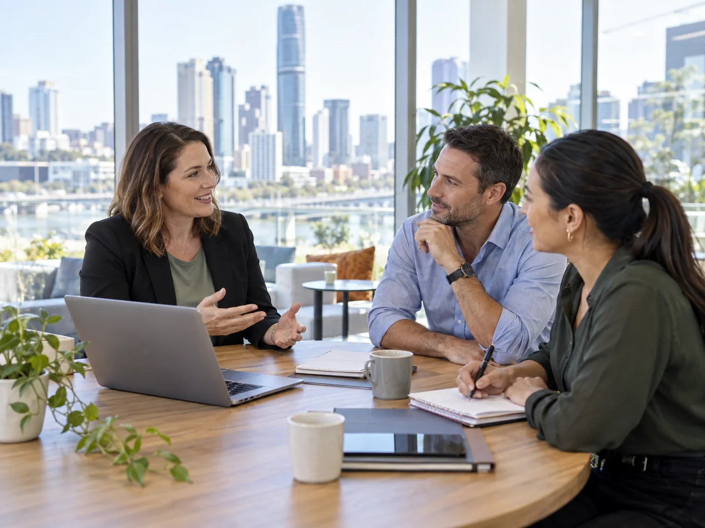 Professionals discussing course and certification options with an advisor in a bright Brisbane office