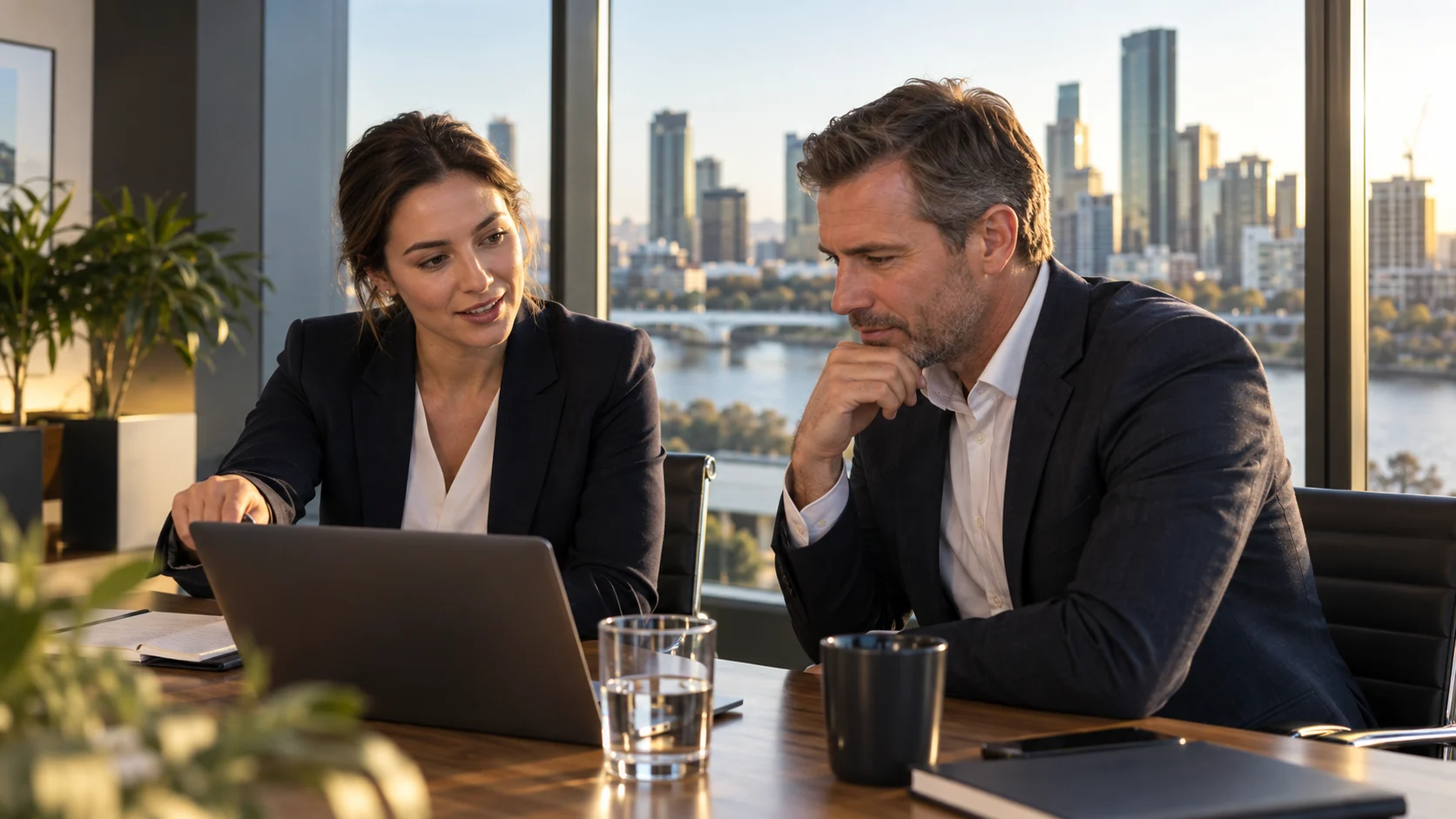 Australian finance professionals discussing risk analysis in a modern office