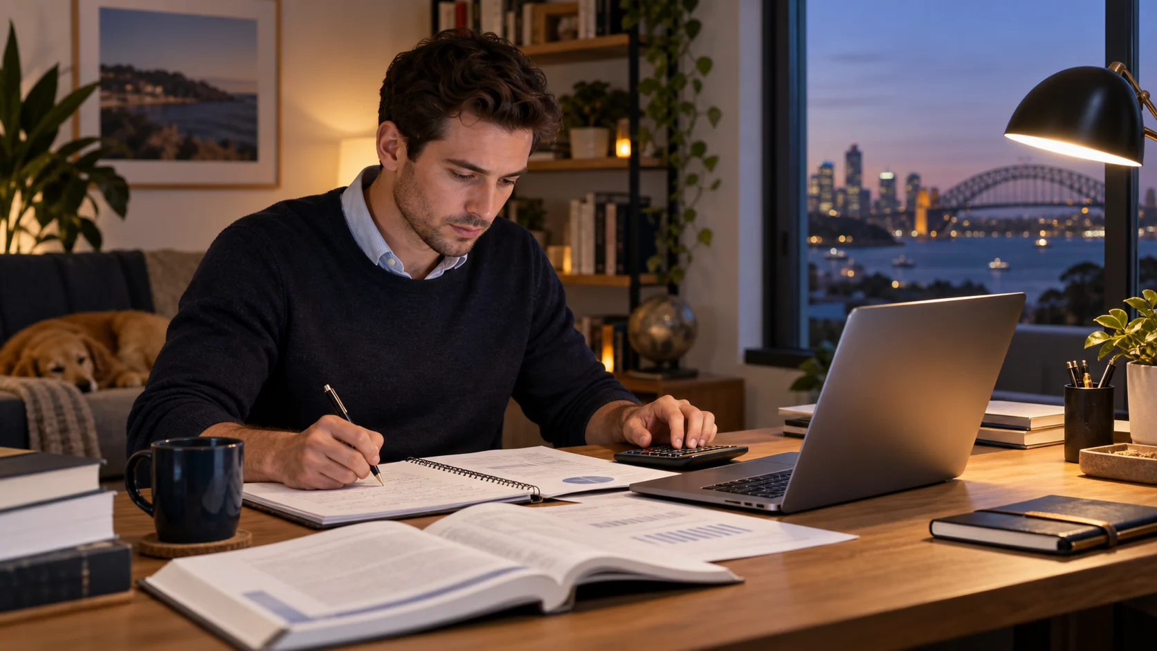 Professional studying financial risk management in Australia with notes, calculator and laptop