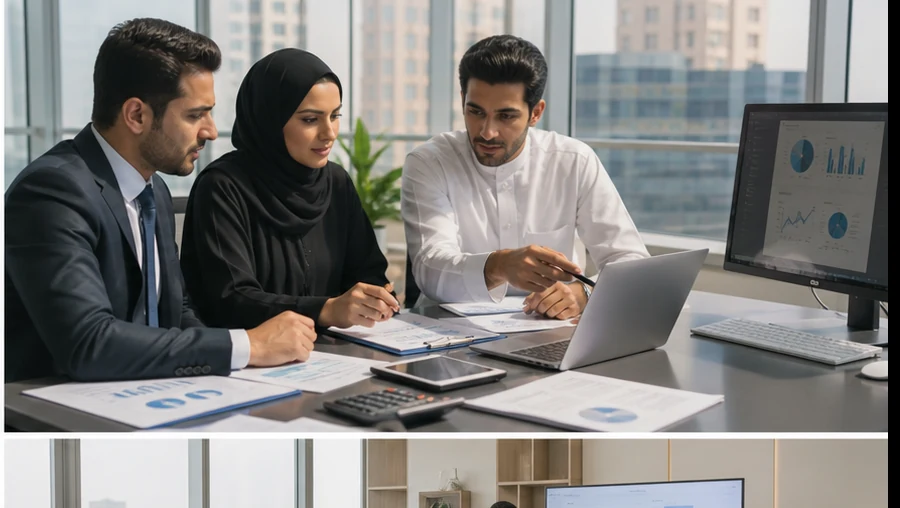 Accounting professionals reviewing reports in Bahrain office