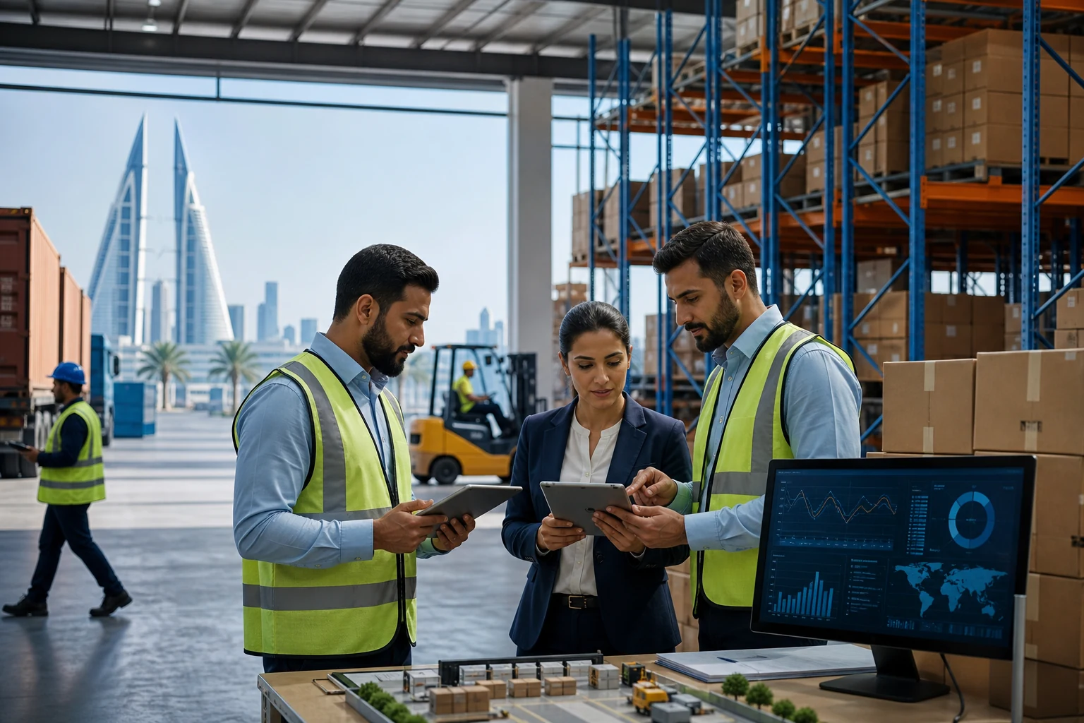 Bahrain warehouse planning team reviewing supply chain dashboards