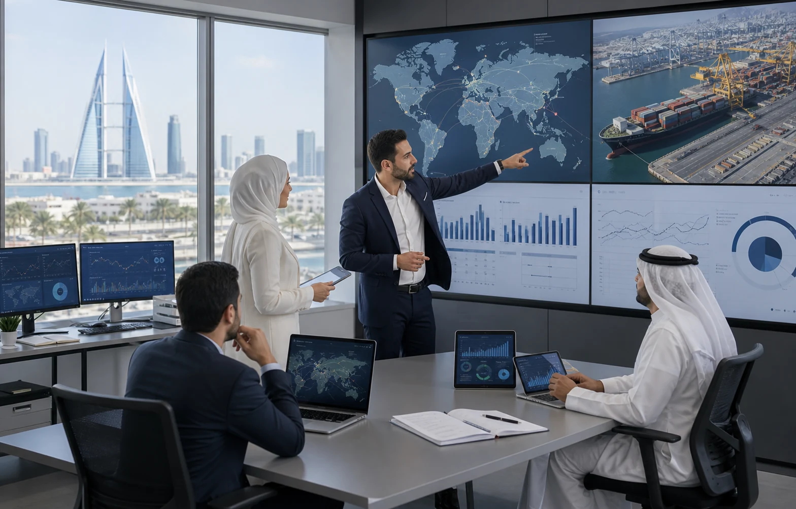 Bahrain supply chain control room with executive logistics dashboards