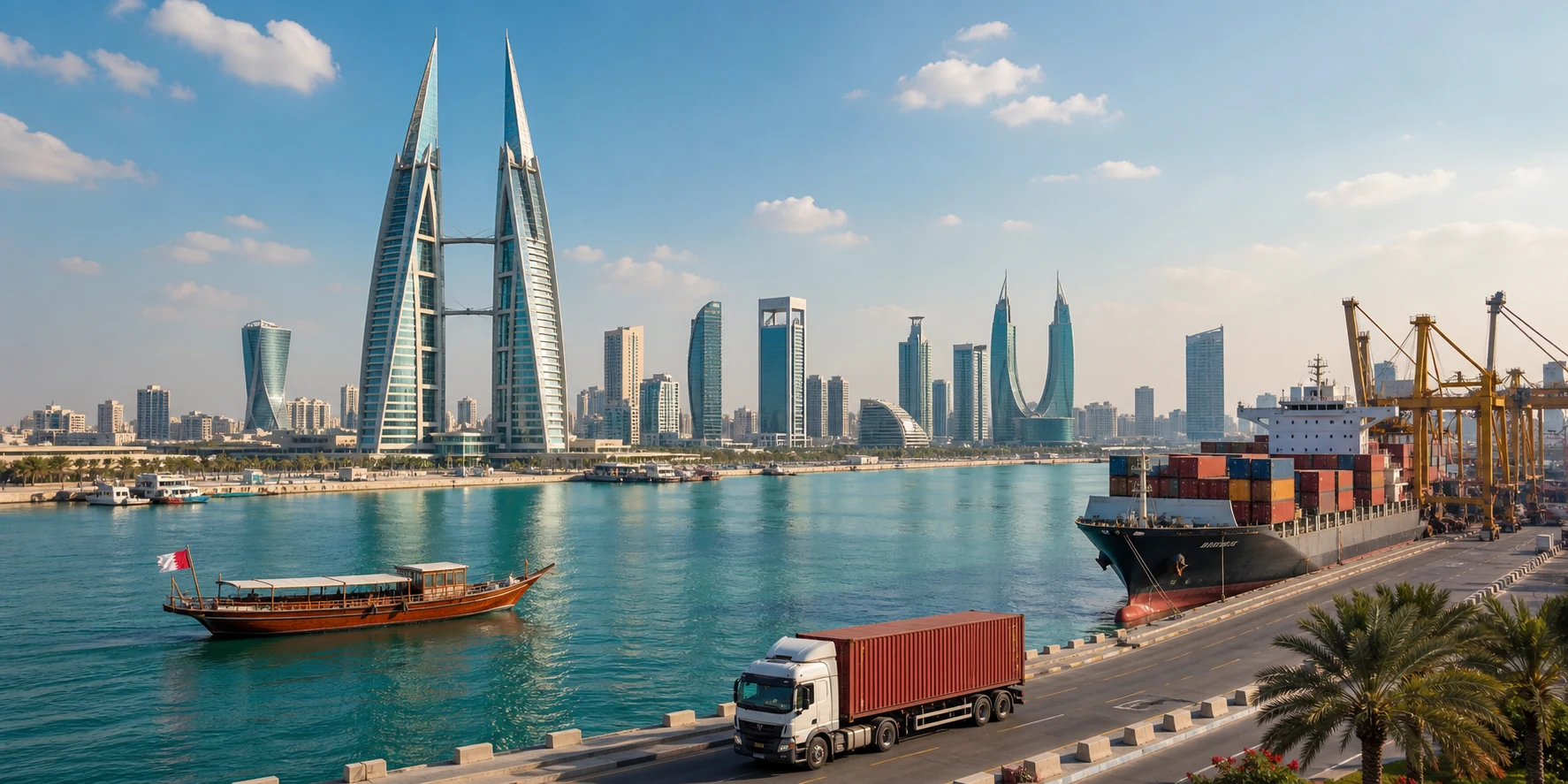 Bahrain port logistics skyline with cargo shipping and supply chain movement