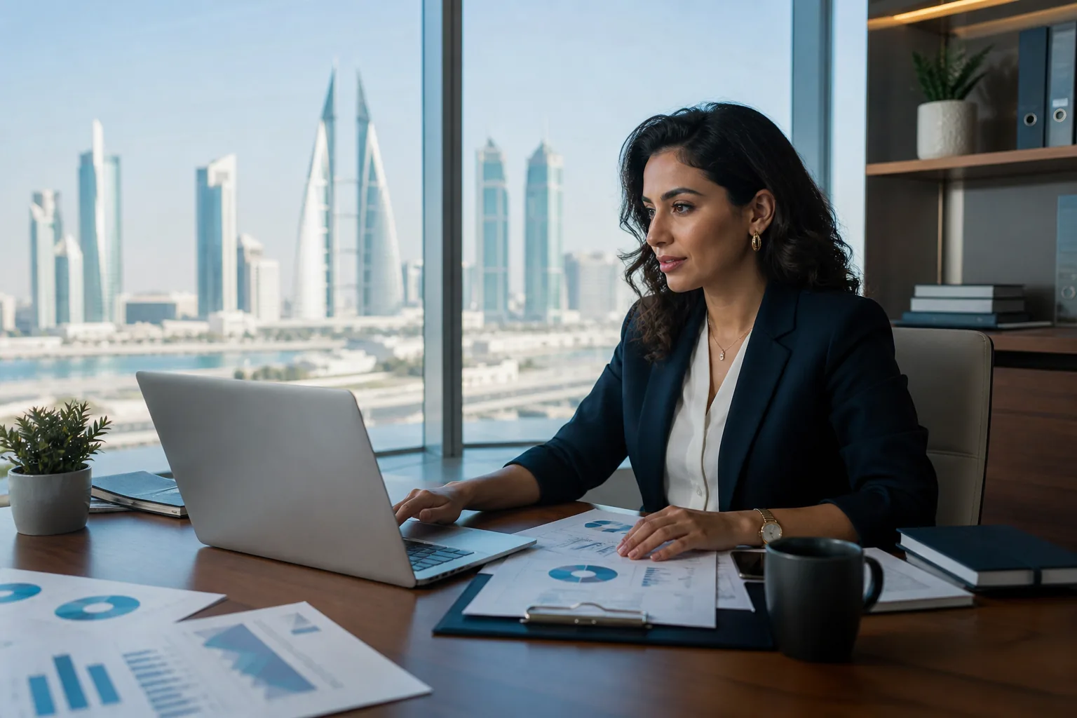 Bahrain finance professional reviewing cloud accounting reports in a Manama office