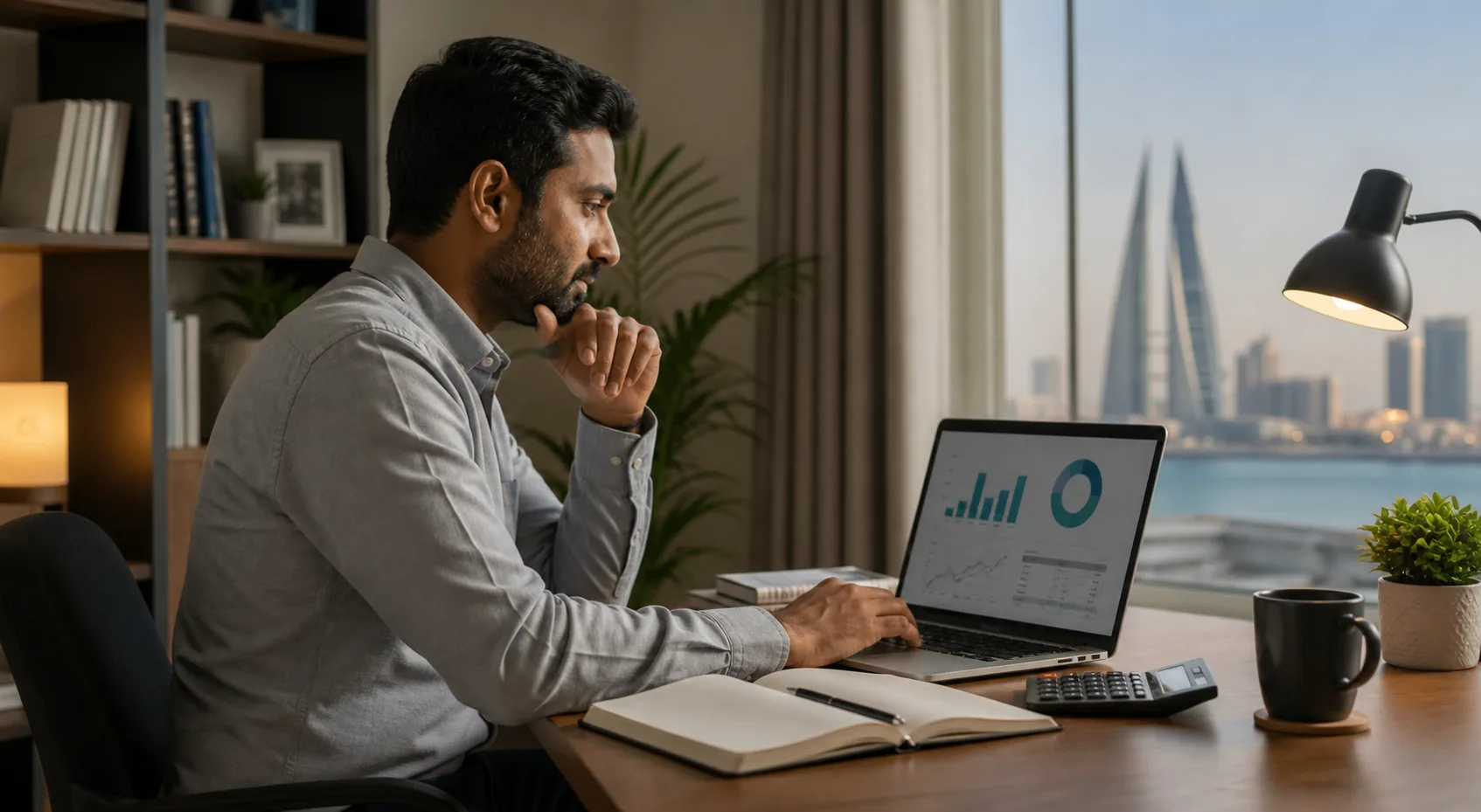 Accounting professional studying Zoho Books from a home office in Bahrain