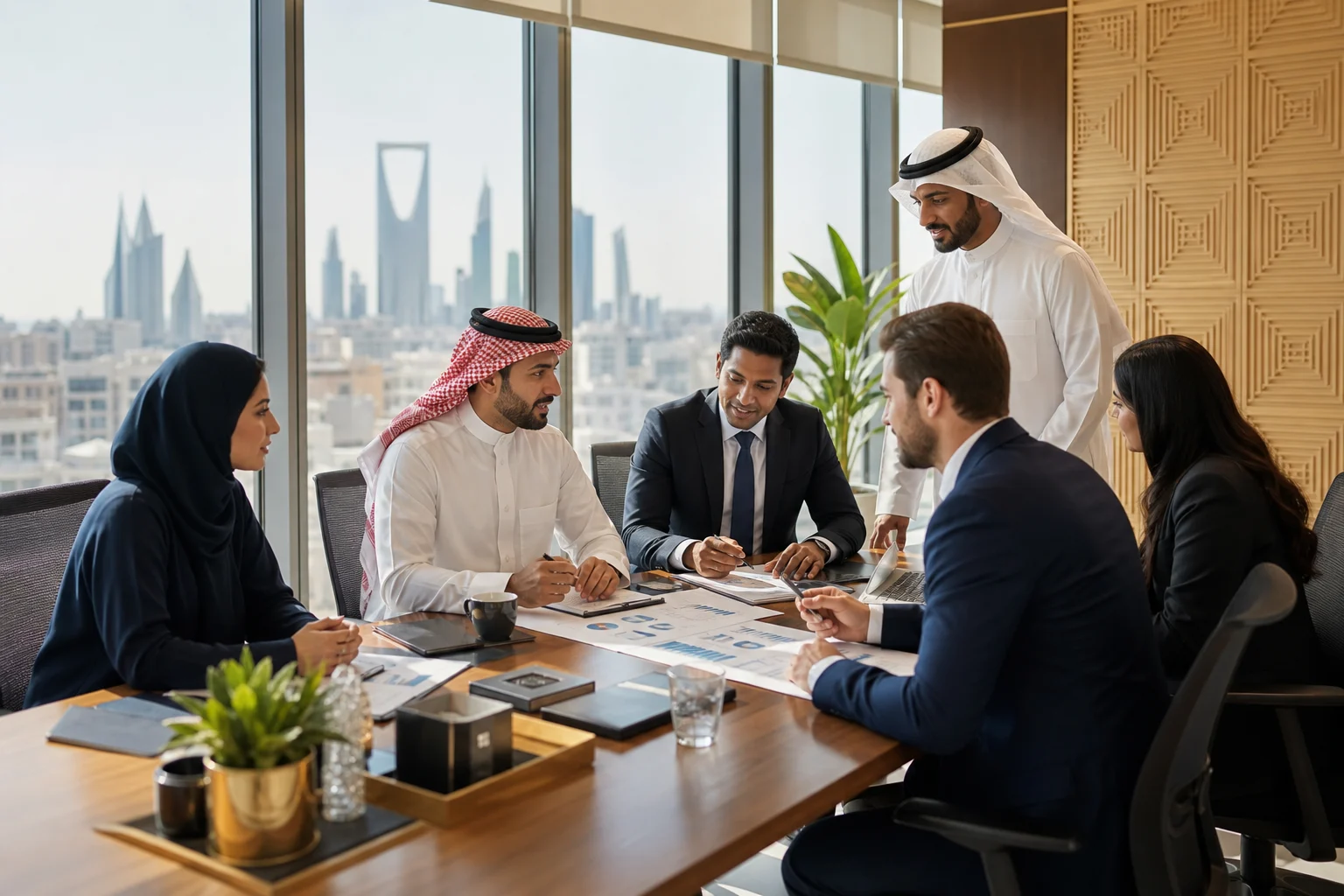 Saudi and international accounting professionals discussing finance and audit work