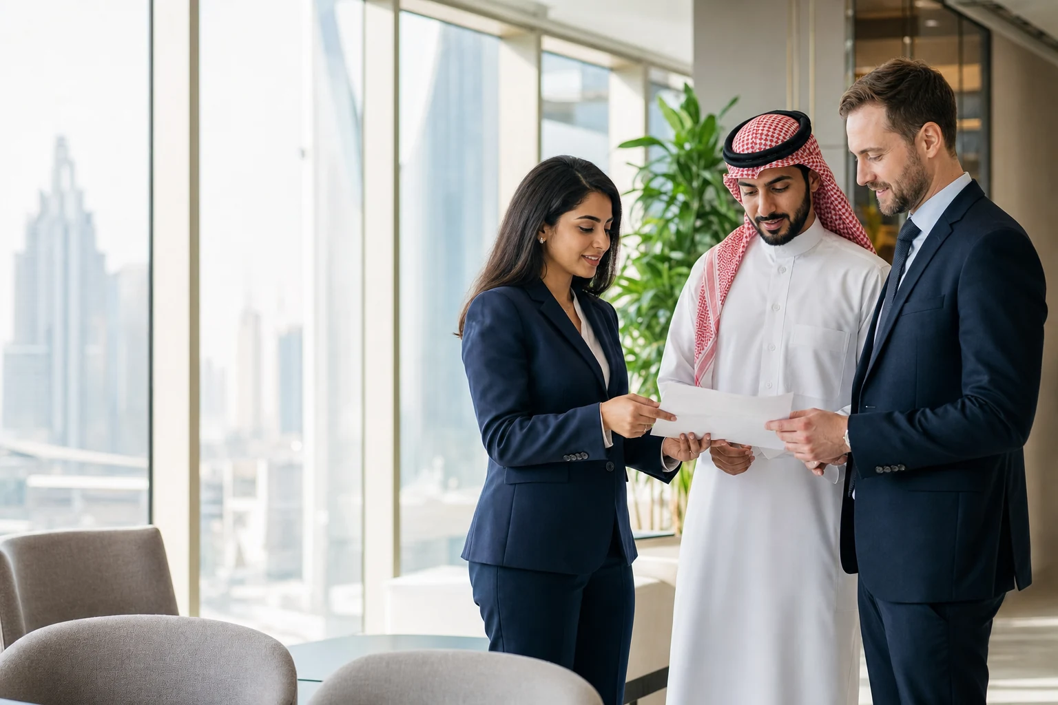 Saudi and expatriate financial crime professionals reviewing a compliance case in Riyadh