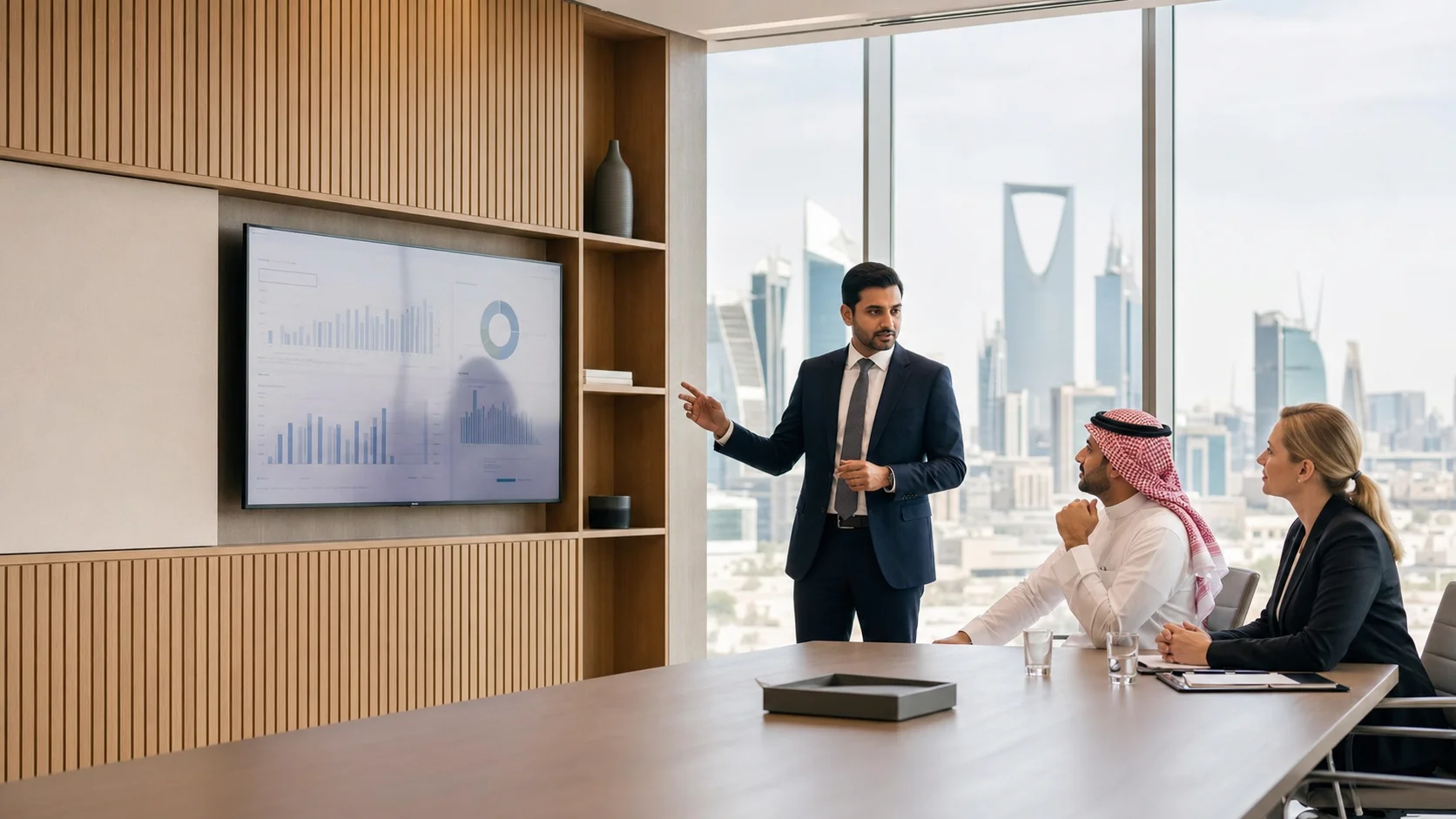Internal audit professionals reviewing governance and risk insights in a Riyadh office