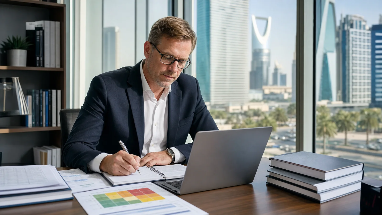 Technology audit professional preparing for CISA certification in a modern Riyadh workplace