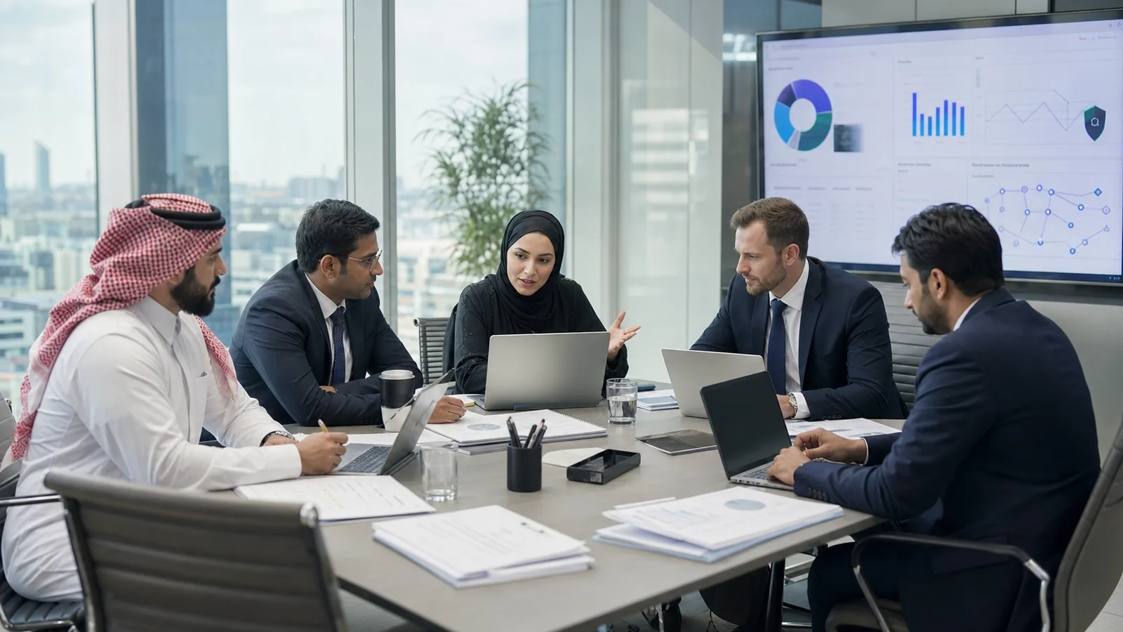 Saudi and international technology risk professionals reviewing IT audit evidence in a Riyadh office