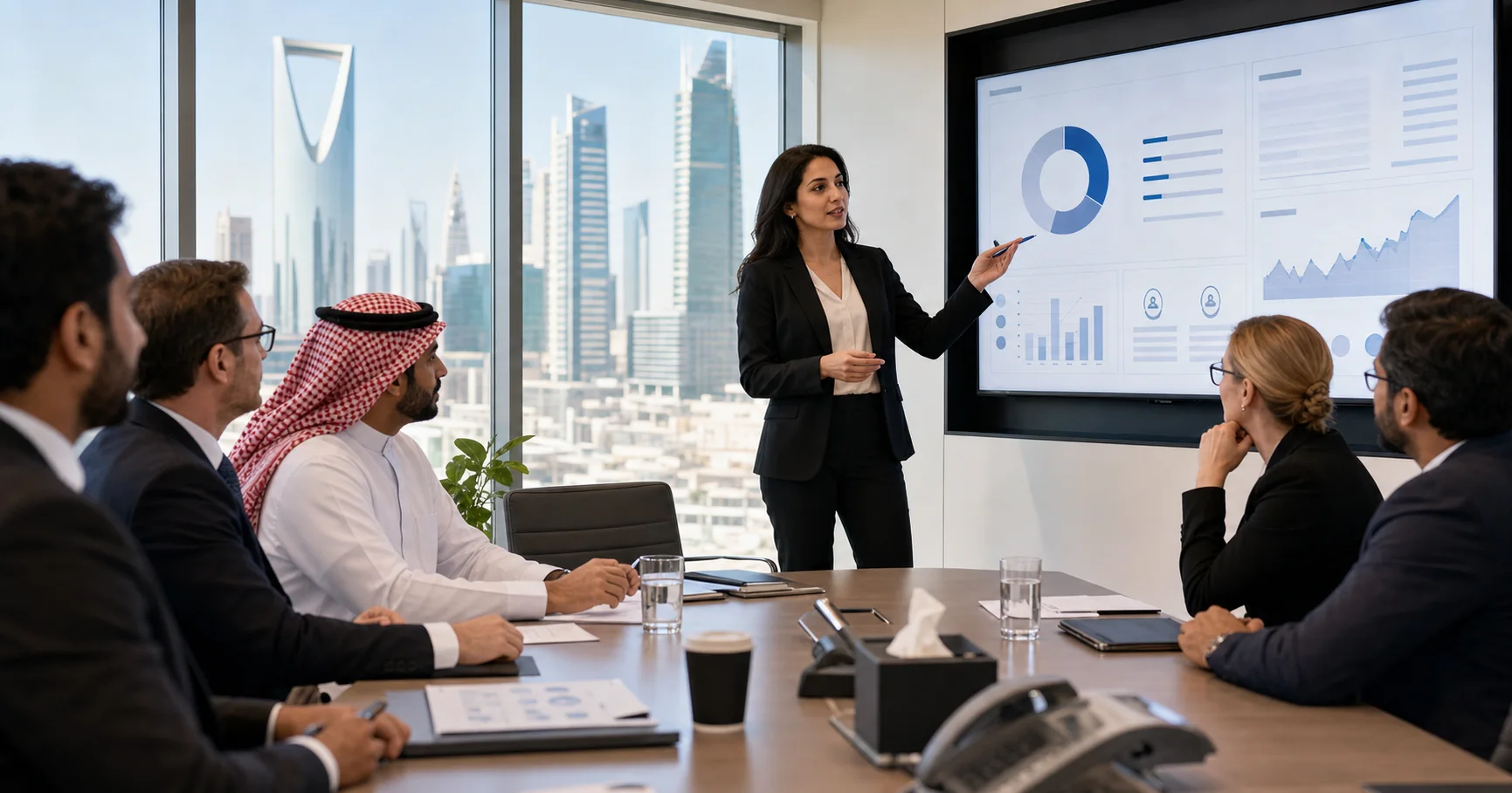 Information security manager leading a cyber risk discussion in Saudi Arabia