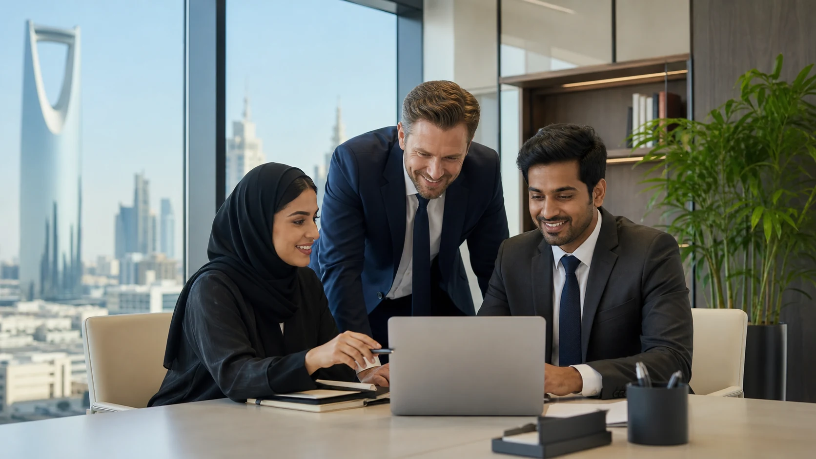 Saudi and expatriate logistics professionals collaborating in a modern Riyadh office