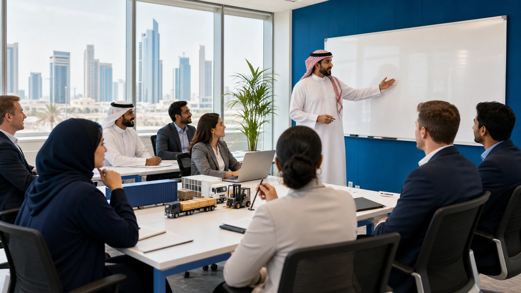 Mixed Saudi and expatriate professionals attending a CLTD logistics and distribution training workshop in Riyadh