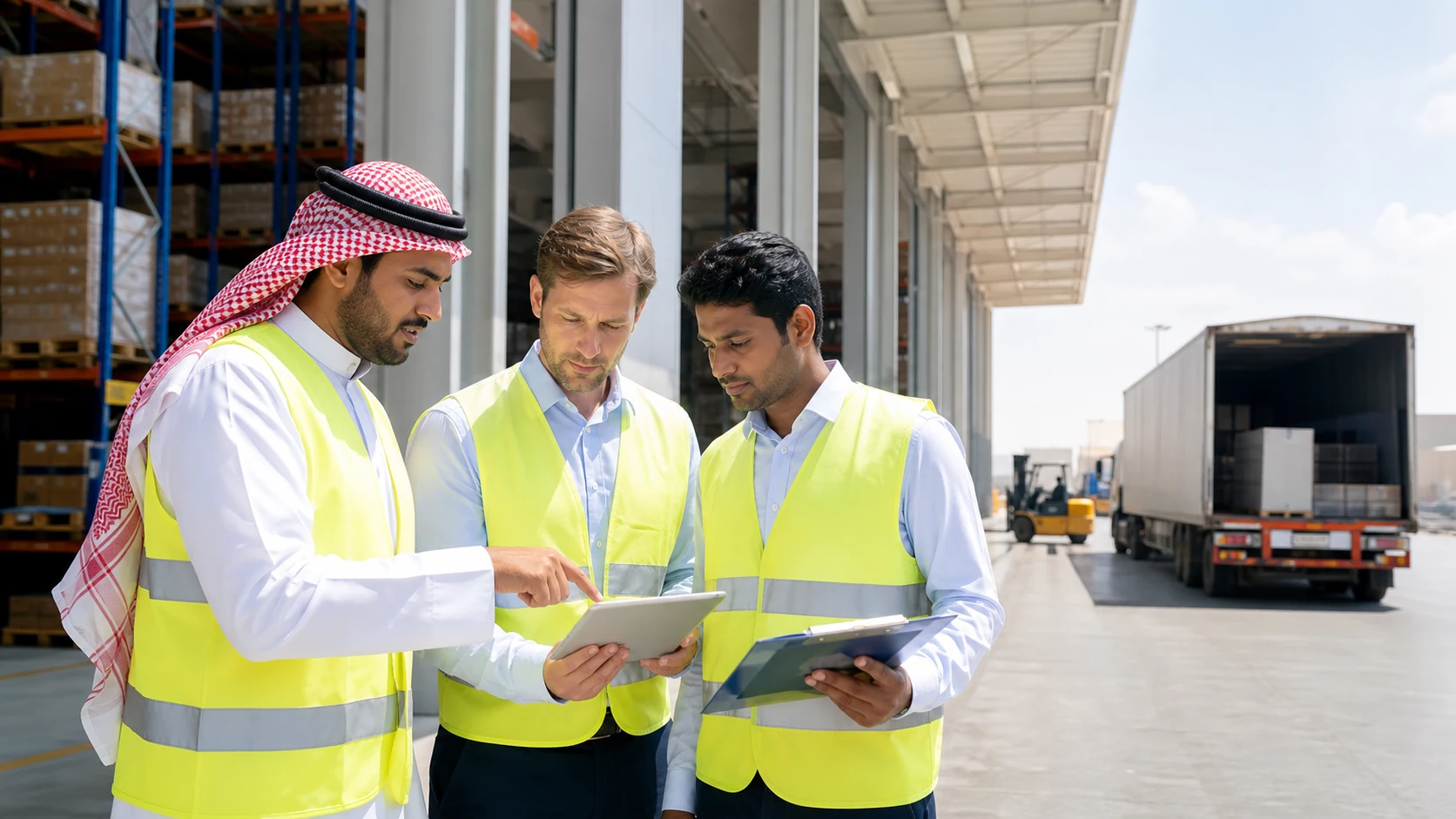 Saudi and expatriate logistics professionals reviewing distribution operations at a modern Saudi warehouse