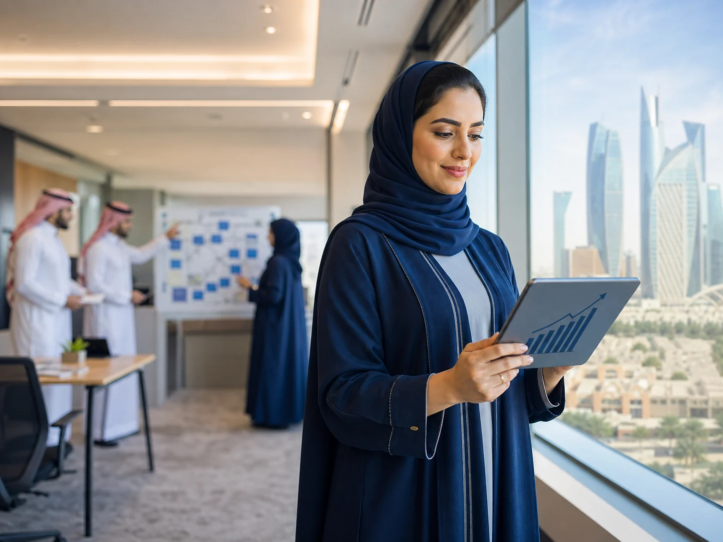 Saudi supply chain professional building career momentum in a modern Riyadh office
