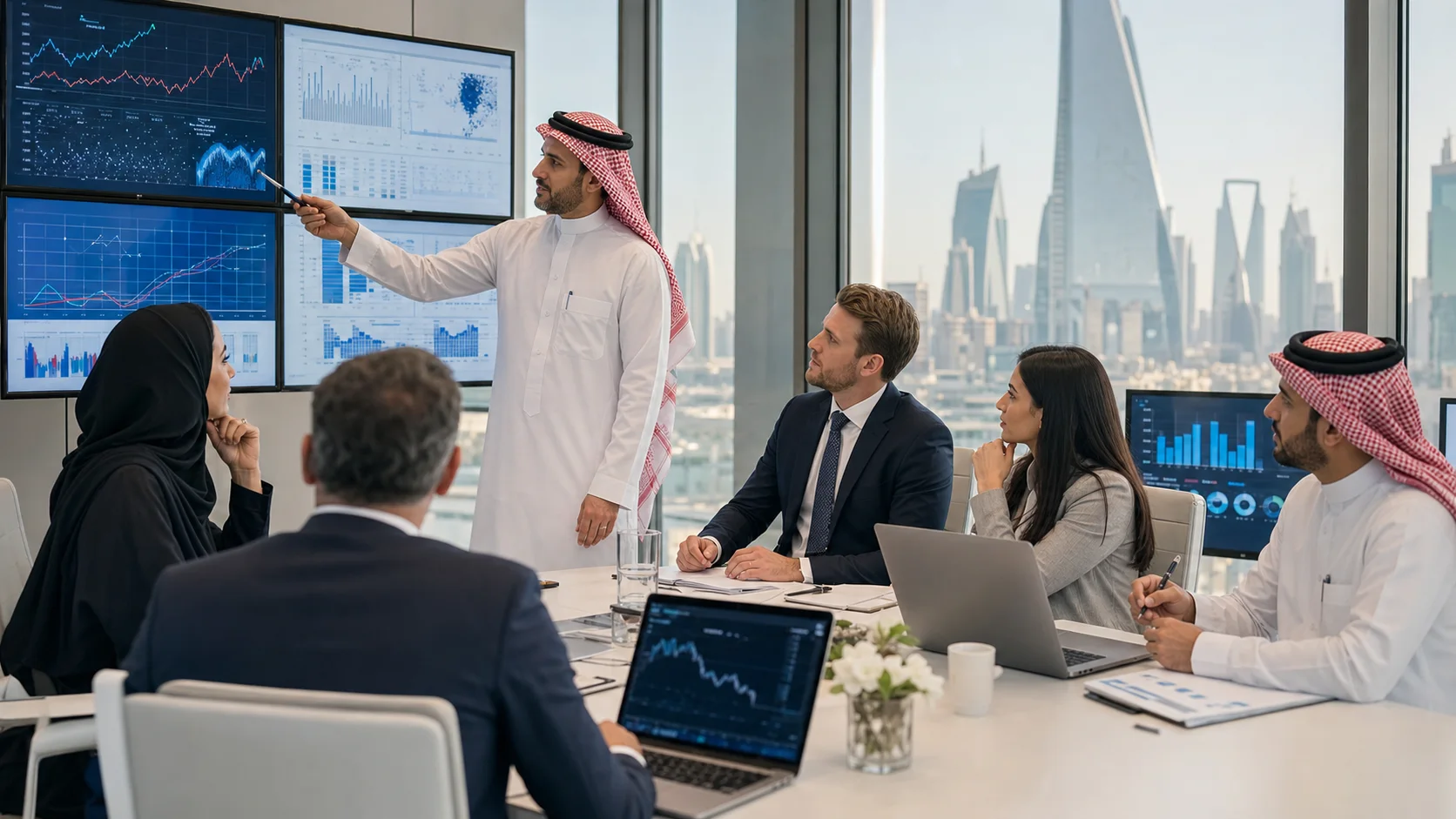 Saudi and international risk professionals reviewing market-risk analysis in a Riyadh financial services office
