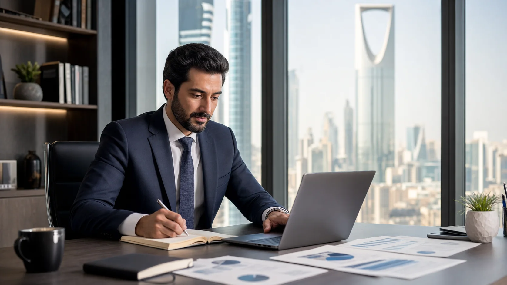 Finance professional studying Financial Risk Manager course material in a modern Riyadh office