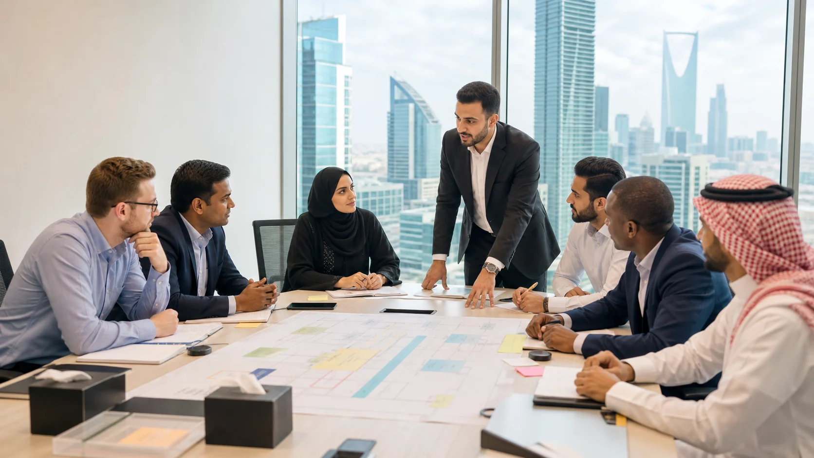Professionals planning ISO 9001 quality management system implementation in Riyadh, Saudi Arabia