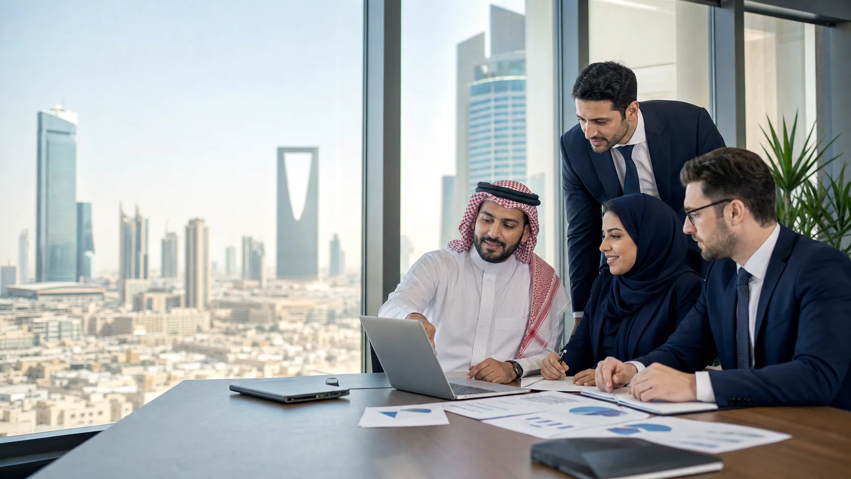 Saudi and expatriate finance professionals reviewing financial reporting work in Riyadh