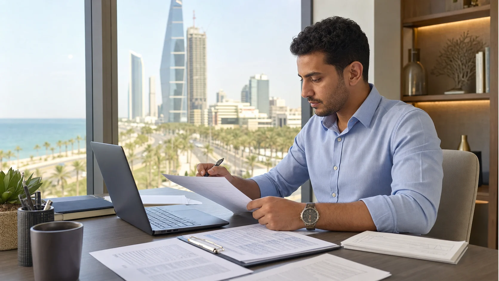 Trade-finance professional studying CDCS documentary-credit material in Jeddah
