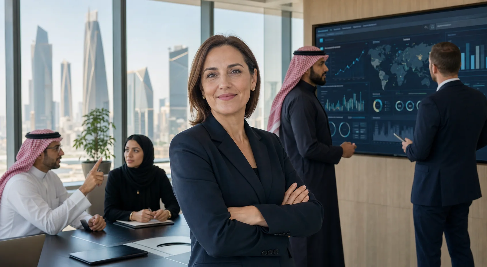 Cybersecurity leadership career progress in a modern Riyadh office