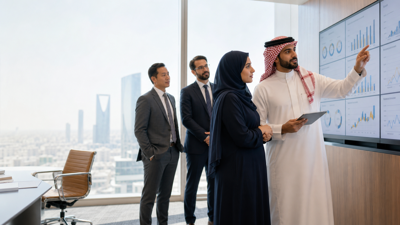 Saudi procurement team reviewing supplier performance information