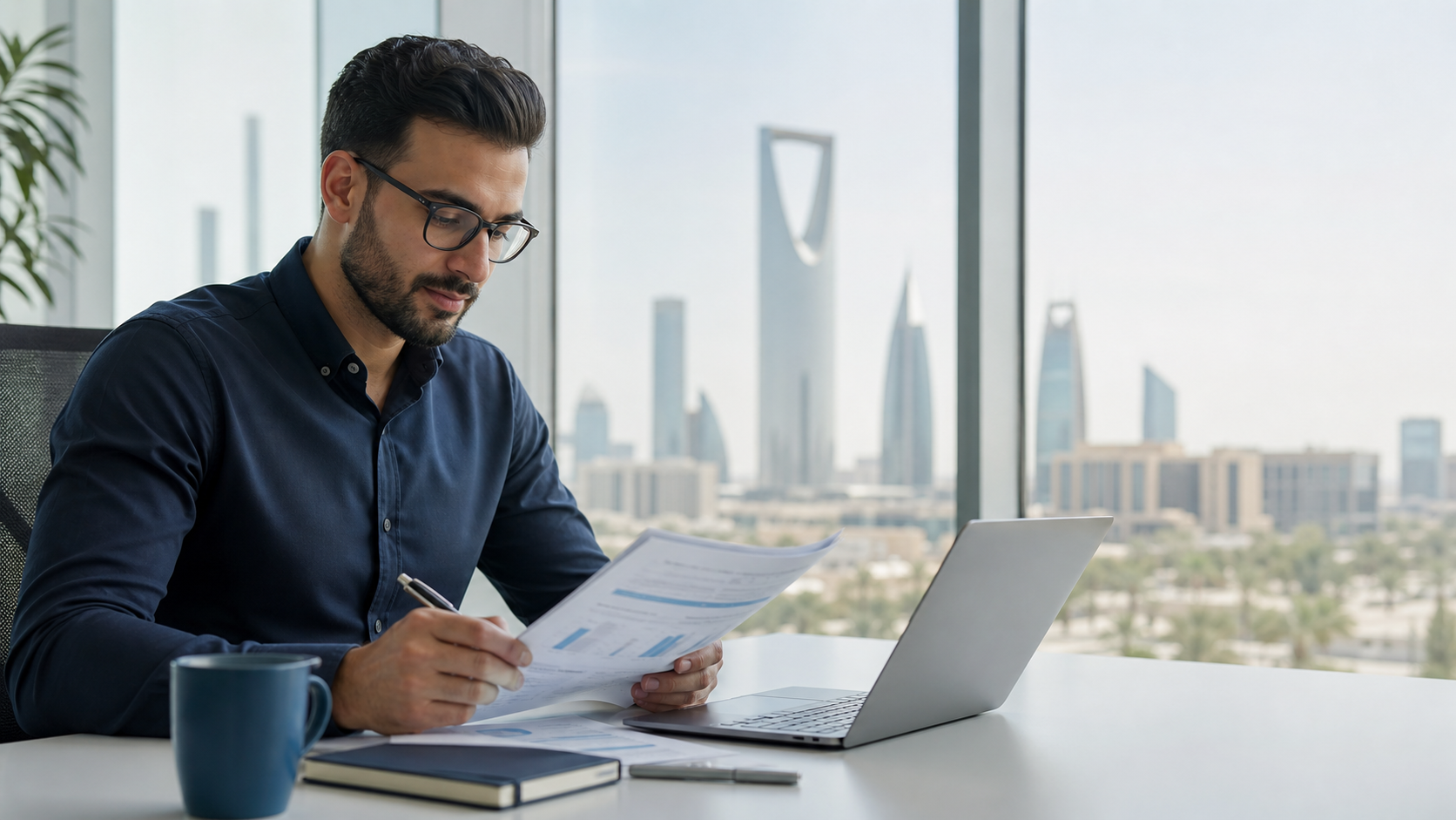 Procurement professional using CPP study resources in a Riyadh office