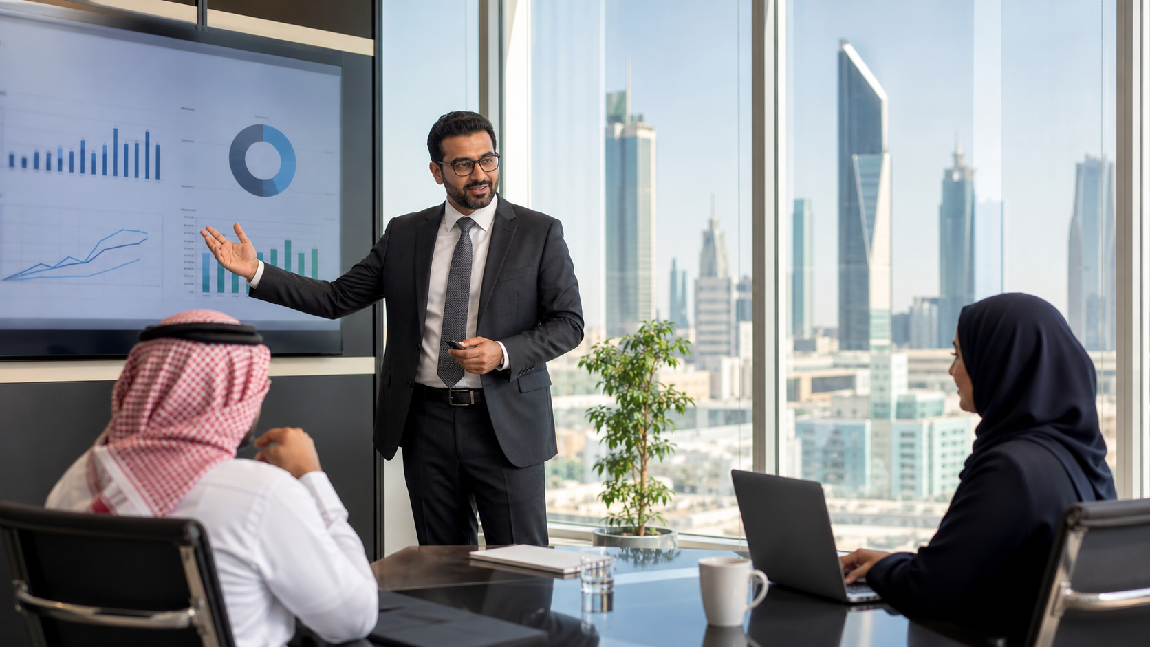 Manager presenting a financial business case in a Saudi corporate office