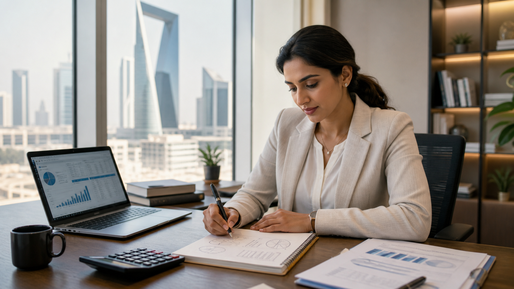 Business professional studying practical finance in a Riyadh workspace