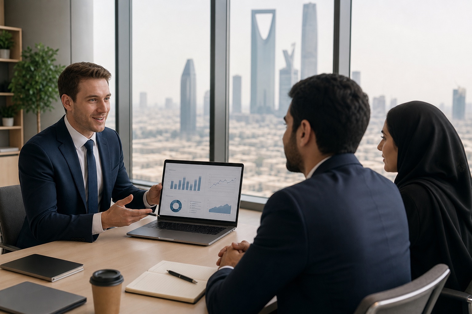 Finance professional presenting a management reporting dashboard in Riyadh