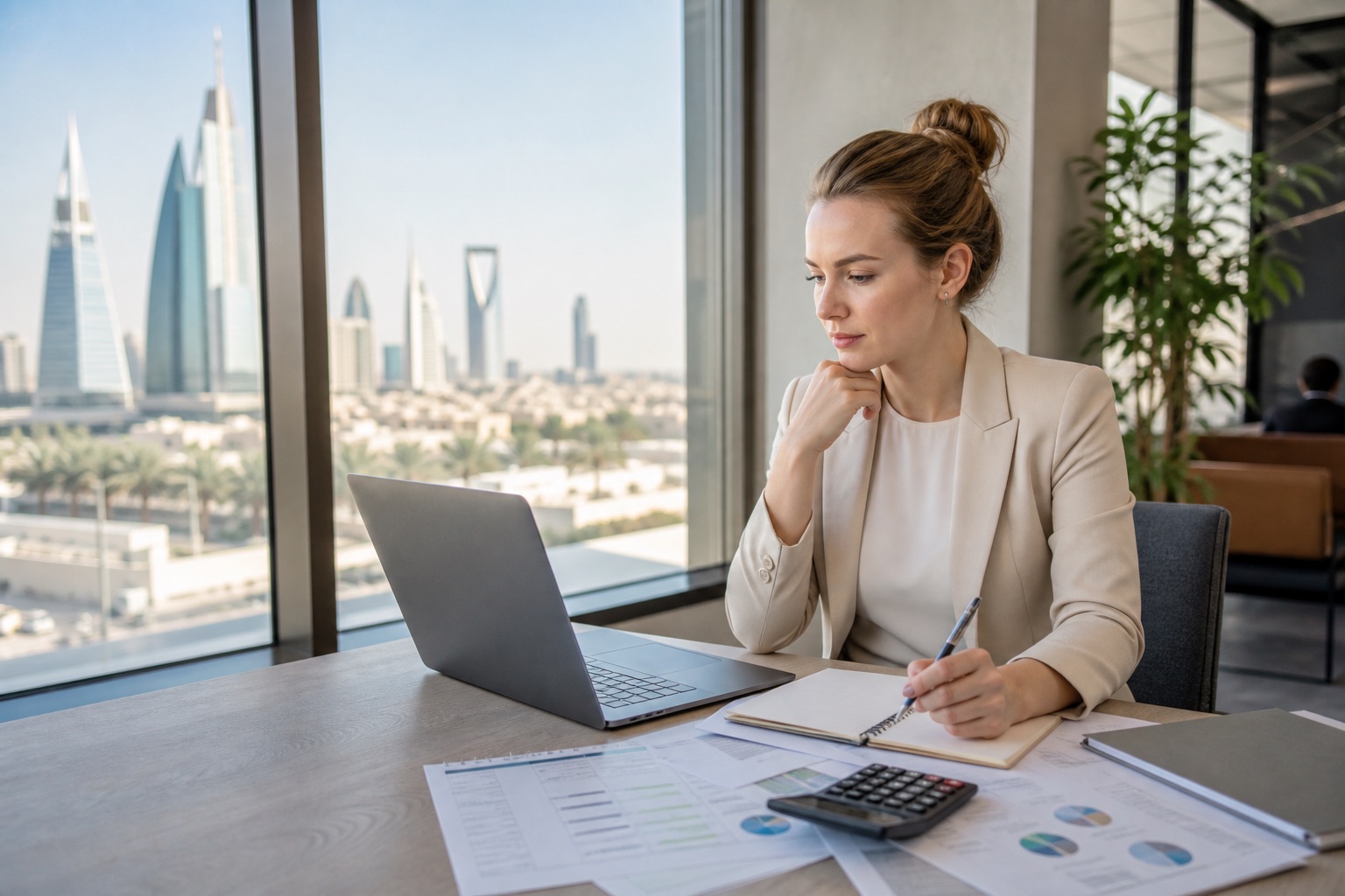 FMAA learner studying accounting resources in a Riyadh workspace